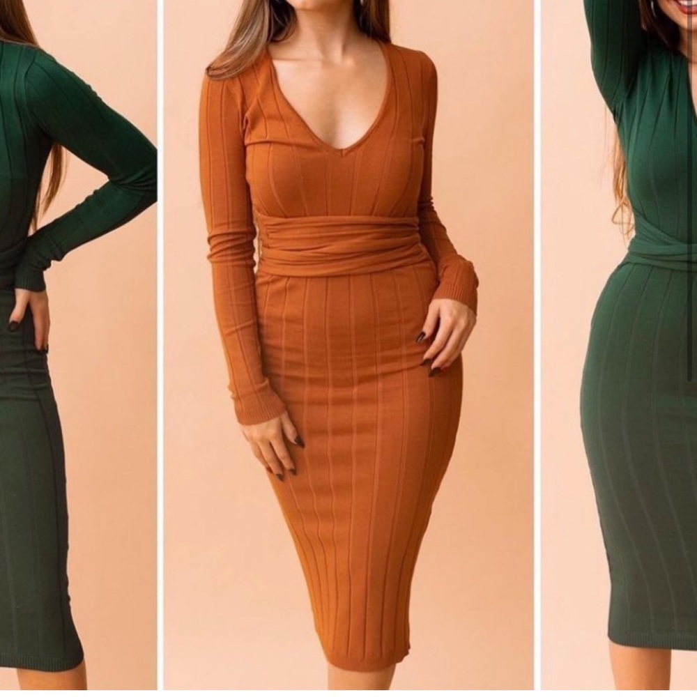 Hera Collection Wide Ribbed Tie Waist Body Con Rust Midi Dress Sz Large